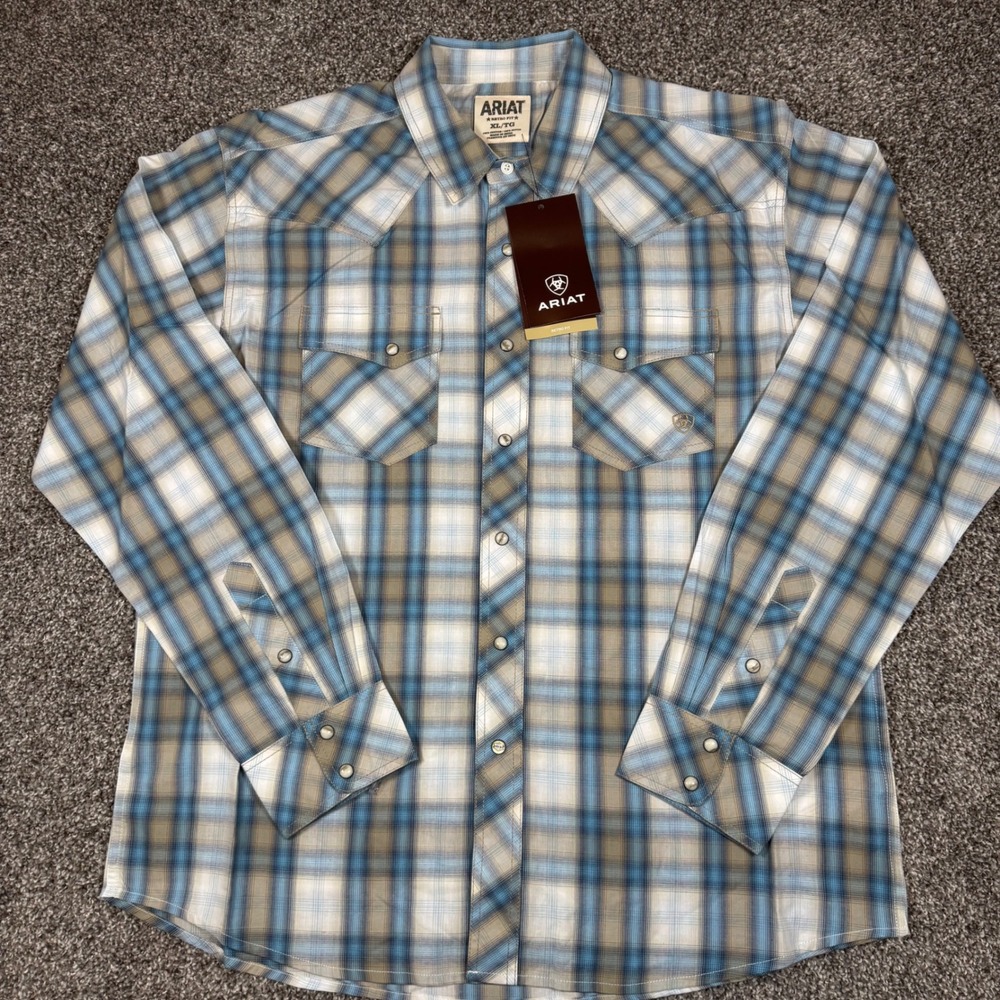 Ariat Mens Orlando Retro Fit Western Pearl Snap Plaid Shirt Mill Stone 10022722 - Picture 2 of 8